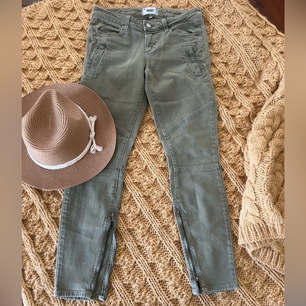 PAIGE Women's Olive Cotton Jeans With Zippered Ankle & Pockets Detail--Size 28